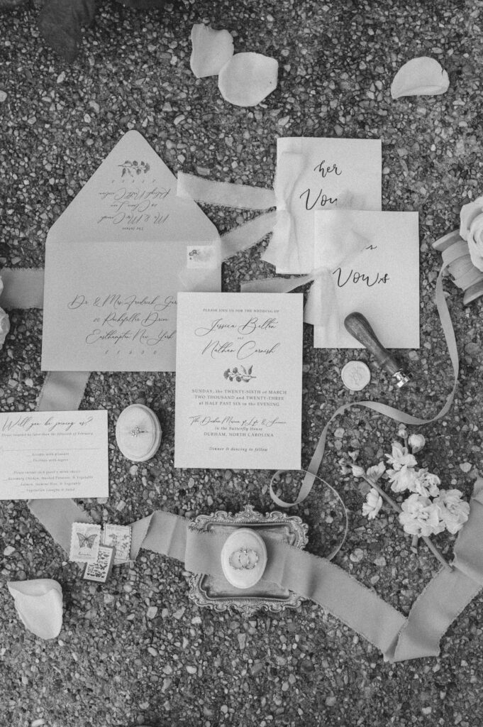 Flay lay of wedding invitation suite