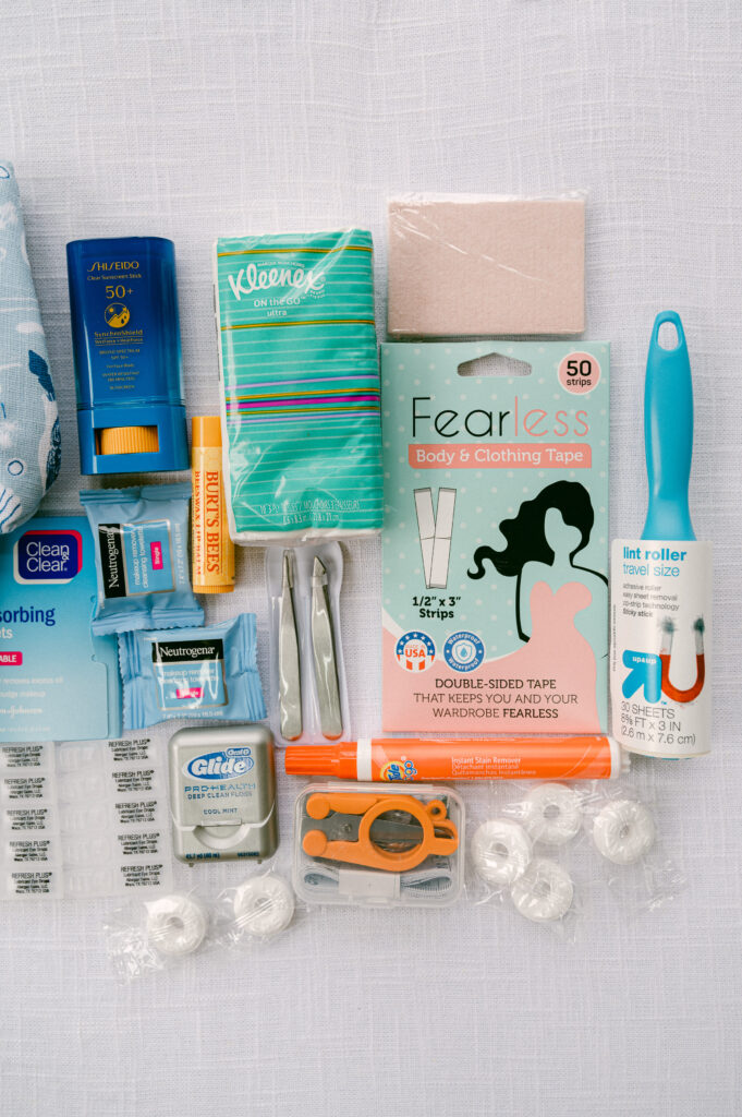 Flat lay image of wedding day emergency kit must have items