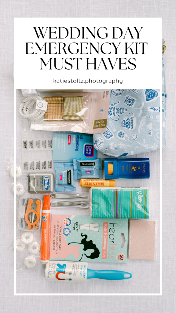 Flat lay image of wedding day emergency kit must haves