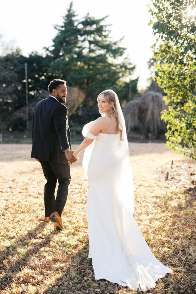 bride and groom at the JC Raulston Arboretum