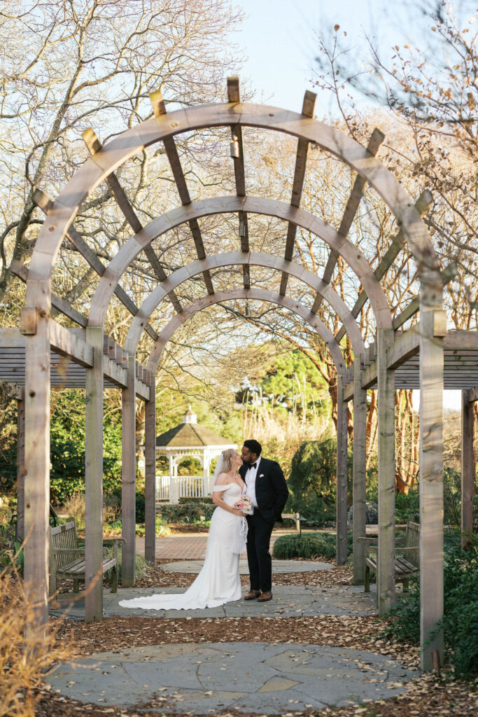bride and groom at the JC Raulston Arboretum
