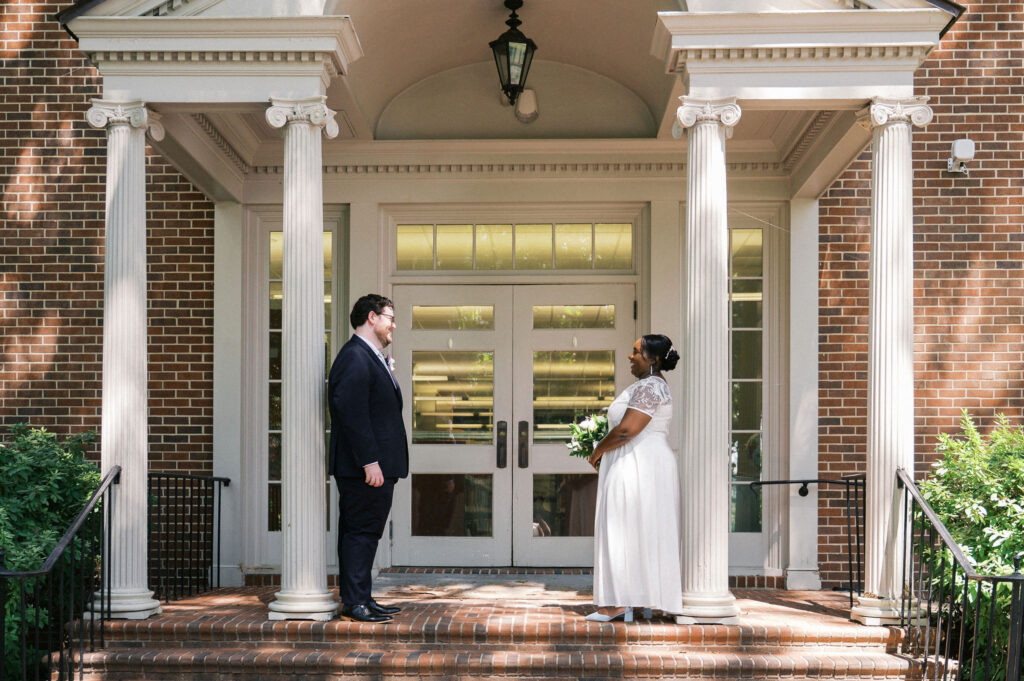 couple gazing at each other during their micro wedding in North Carolina
