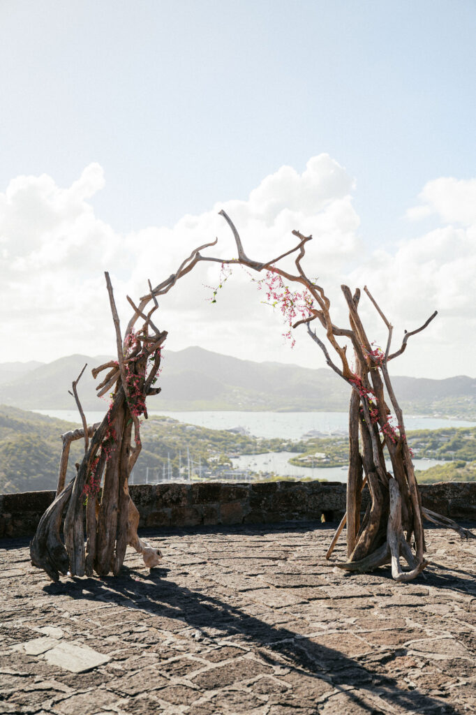 caribbean destination wedding ceremony set up overlooking the marina