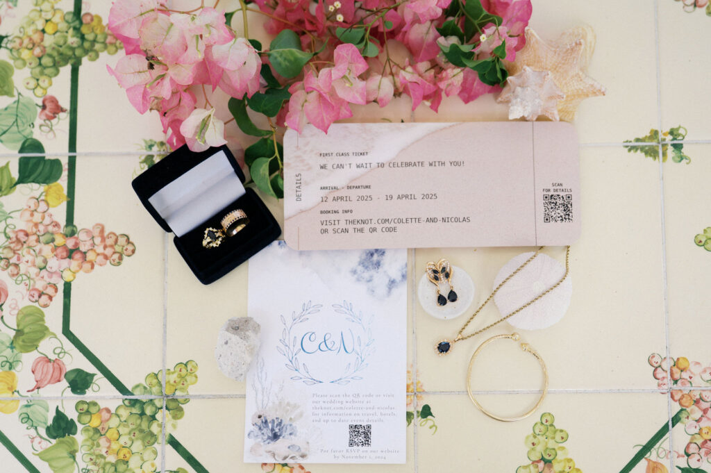 caribbean destination wedding detail flatlay