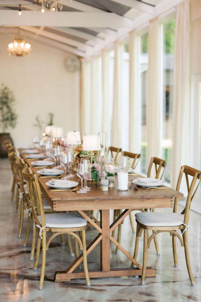 elegant and airy greenhouse wedding reception space at the greenhouse at arrows farm in nc