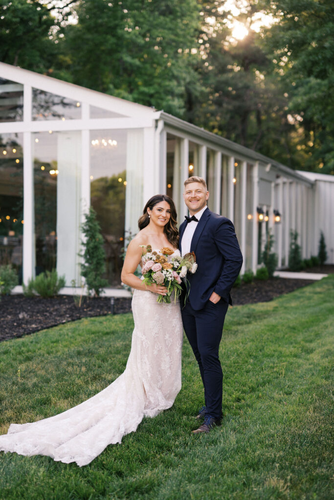 elegant wedding couple at the greenhouse at arrows farm