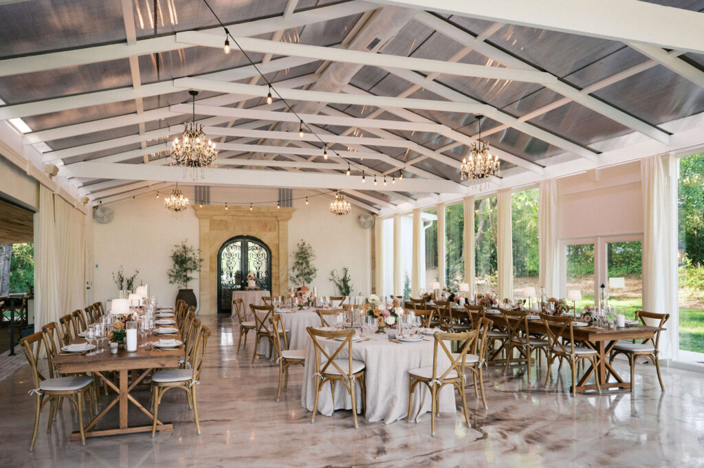 elegant and airy greenhouse wedding reception space at the greenhouse at arrows farm in nc