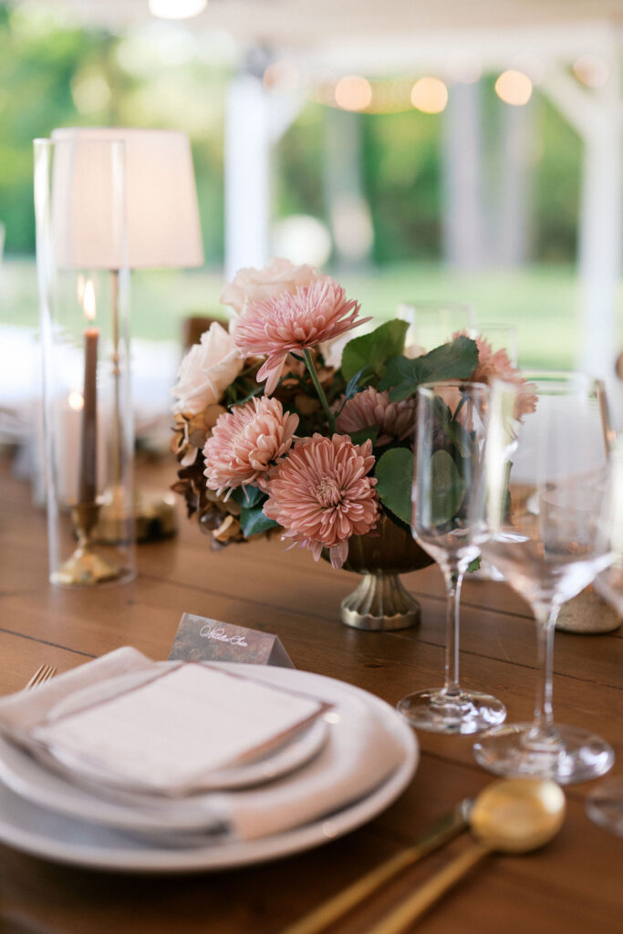 elegant and romantic wedding reception setup at the greenhouse at arrows farm