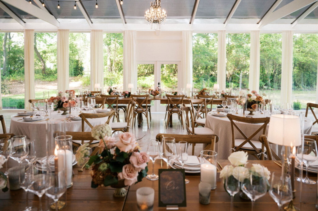 elegant and airy greenhouse wedding reception space at the greenhouse at arrows farm in nc